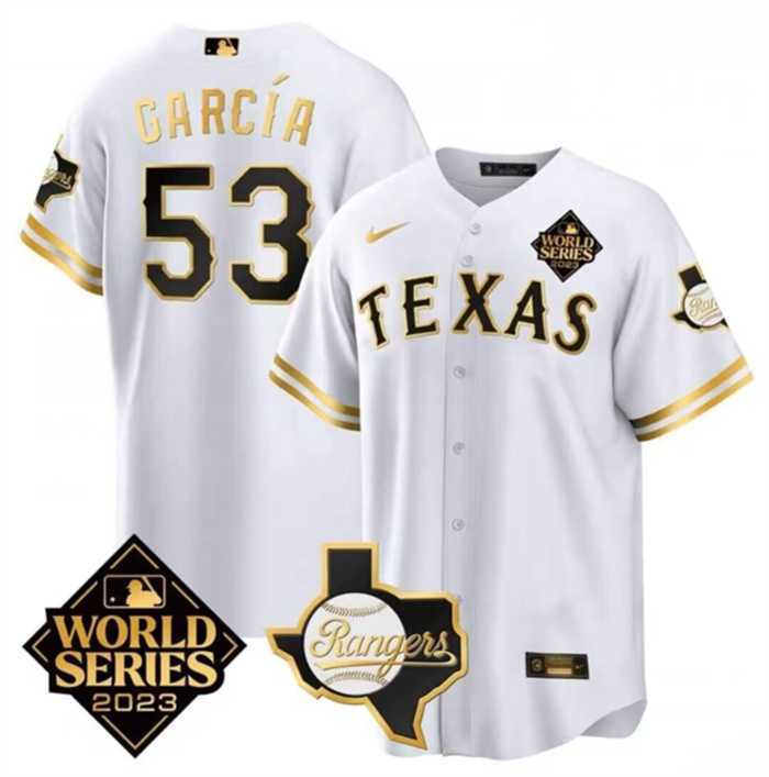 Mens Texas Rangers & Cowboys #53 Adolis Garcia White 2023 World Series Splite Stitched Baseball Jersey Dzhi